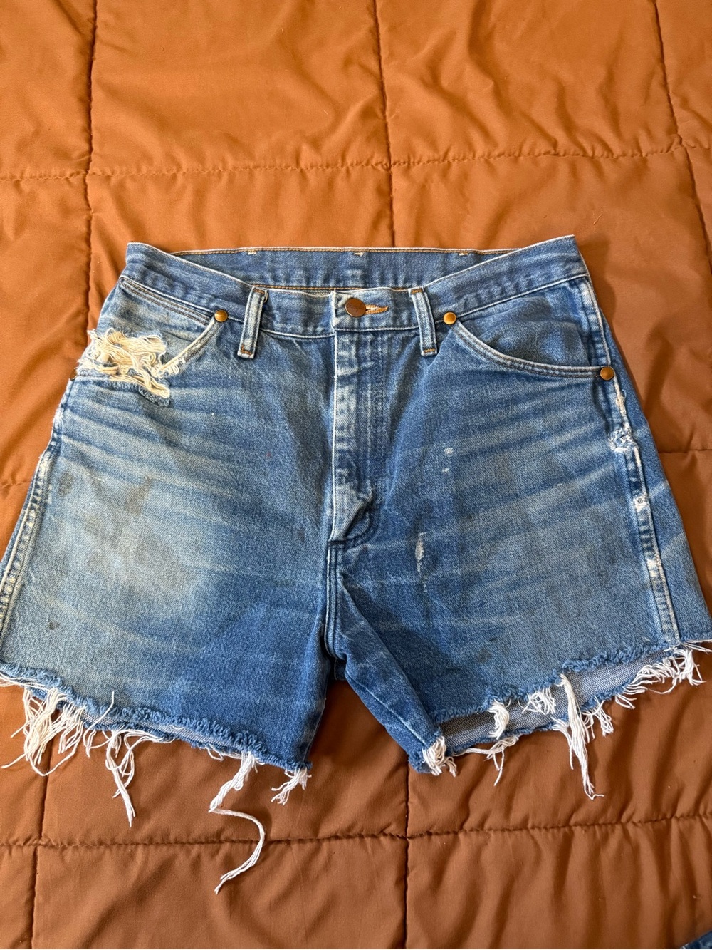 Wrangler STAINED High-Waist Distressed Denim Cutoff Shorts - Blue Size 32